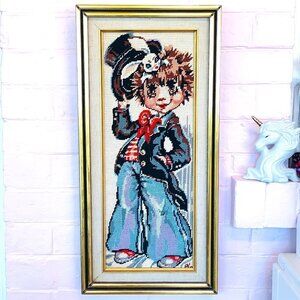 70s Big Eye Magician Boy Needlepoint Cross Stitch Vintage Framed Wall Hanging